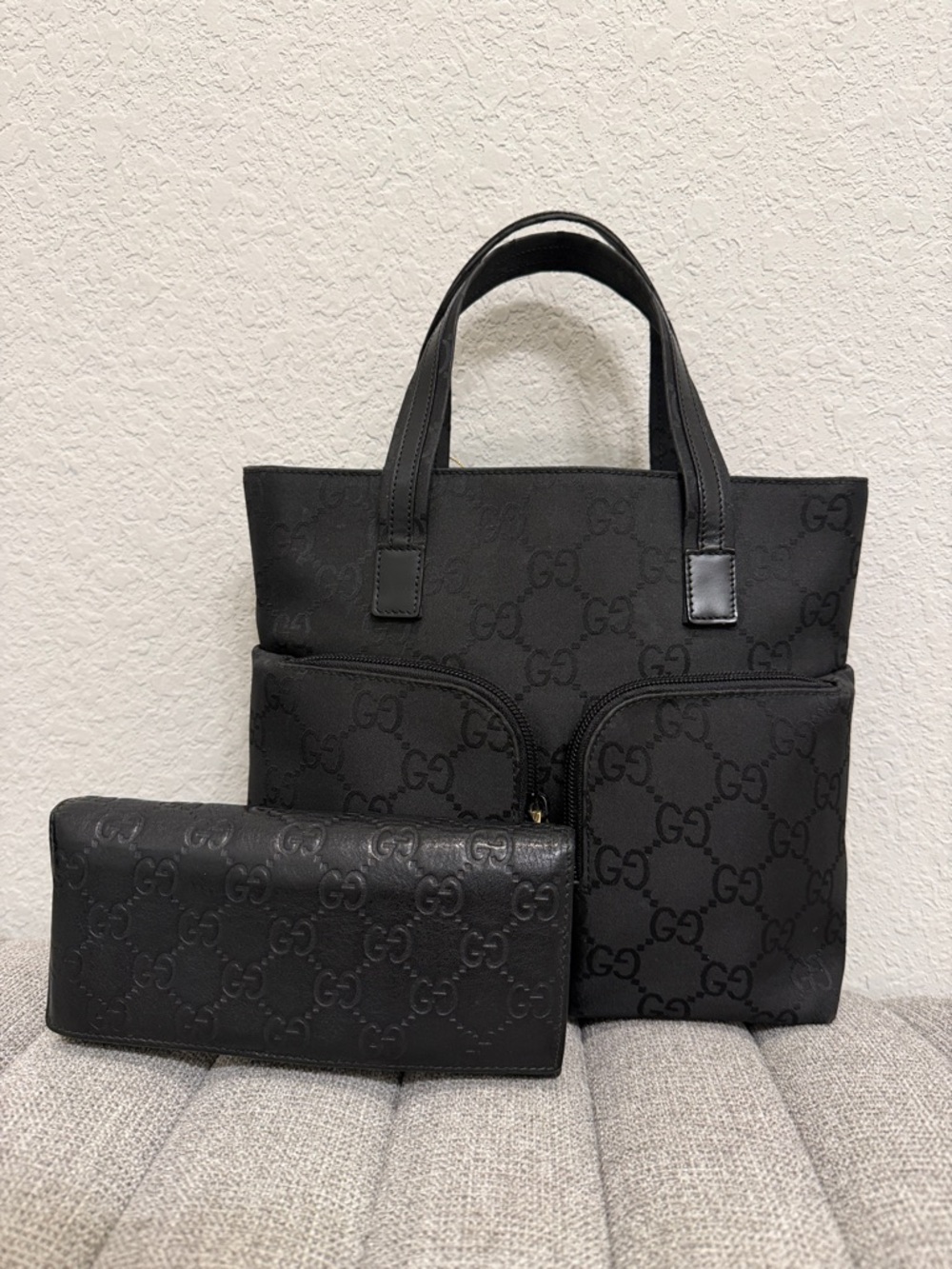 Gucci Black Monogram Tote Hand Bag and Black Gucci Bifold Wallet